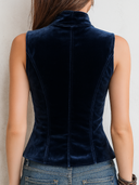 Gilet Vintage in Velluto con Colletto alla Coreana e Bottoni