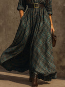 Vestido Maxi de Algodão com Padrão Xadrez Retro, de Fecho Simples, com Cinto
