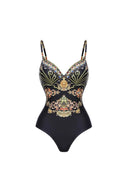 Maillot de bain une pièce noir et or à bretelles fines imprimé
