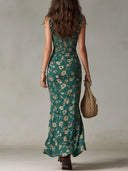Boheemse groene maxi-jurk met print en ruches aan de mouwen