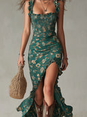 Boheemse groene maxi-jurk met print en ruches aan de mouwen