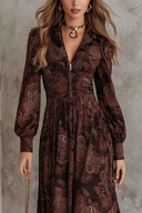 Brown Paisley Zippered Waist Maxi Dress