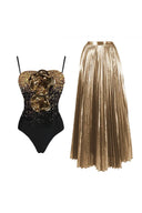 Set costume da bagno senza spalline con stampa floreale 3D e paillettes