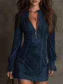 Vestido Mini Vintage em Camurça Azul com Renda