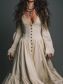 Vestido Maxi de Algodão Elegante Vintage com Renda e Fecho de Um Só Peito