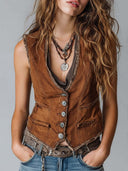 Gilet in denim caramello lavato con cuciture e bottoni in ottone