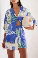 Unique Print Loose Shirt And Elastic Waist Wrap Lace-Up Skirt Set
