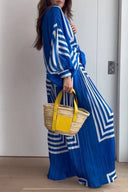 Conjunto de camisa de manga larga con estampado geométrico a rayas y pantalones de pierna ancha