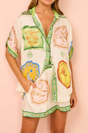 Crème Uniek Etnisch Print Shirt- en Shortsset