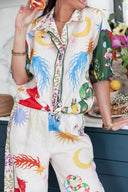 Ensemble chemise ample à manches courtes avec imprimé unique et pantalon taille élastique