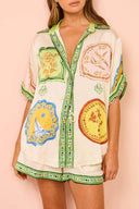 Crème Uniek Etnisch Print Shirt- en Shortsset