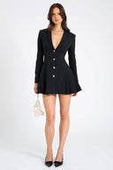 INS Stil Blazer Mini Kleid mit tiefem V und einreihiger Knopfleiste