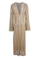 Boho Maxikleid mit V-Ausschnitt, Glockenärmeln, welligem Streifenmuster und Häkelarbeit für den Strandurlaub