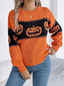 Halloween græskar hoved color-block crewneck strikket sweater