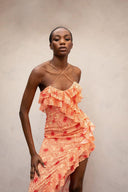 Vestido Midi Romântico com Folhos, Estampado Floral e Fenda