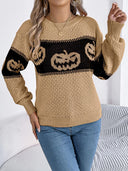 Camisola de Malha com Gola Redonda e Estampa de Cabeça de Abóbora de Halloween em Blocos de Cor
