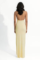 Asymmetrisches Zitronen-Maxikleid mit 3D-Blumen und Neckholder