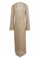 Boho Maxikleid mit V-Ausschnitt, Glockenärmeln, welligem Streifenmuster und Häkelarbeit für den Strandurlaub