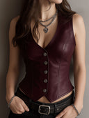 Gilet noir en cuir écologique à col en V Sharp, cintré à la taille