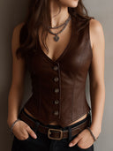 Gilet noir en cuir écologique à col en V Sharp, cintré à la taille