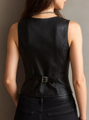 Gilet noir en cuir écologique à col en V Sharp, cintré à la taille
