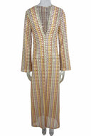 Boho Maxikleid mit V-Ausschnitt, Glockenärmeln, welligem Streifenmuster und Häkelarbeit für den Strandurlaub