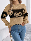 Camisola de Malha com Gola Redonda e Estampa de Cabeça de Abóbora de Halloween em Blocos de Cor