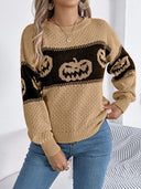 Camisola de Malha com Gola Redonda e Estampa de Cabeça de Abóbora de Halloween em Blocos de Cor