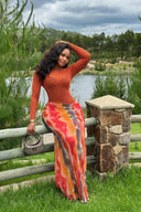 Warm Tone Polka Dot Long Sleeve Maxi Dress