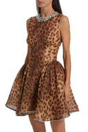 Leopardenmuster Rundhals Strass Kleid