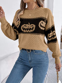 Camisola de Malha com Gola Redonda e Estampa de Cabeça de Abóbora de Halloween em Blocos de Cor