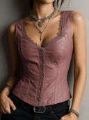 Gilet Corsetto Nero in Pelle Elegante con Rifiniture in Pizzo