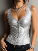 Gilet Corsetto Nero in Pelle Elegante con Rifiniture in Pizzo