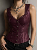 Gilet Corsetto Nero in Pelle Elegante con Rifiniture in Pizzo