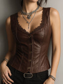 Gilet Corsetto Nero in Pelle Elegante con Rifiniture in Pizzo