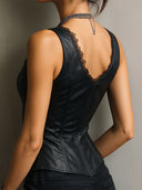 Gilet Corsetto Nero in Pelle Elegante con Rifiniture in Pizzo