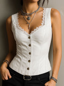 Gilet Corsetto Nero in Pelle Elegante con Rifiniture in Pizzo