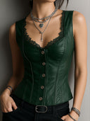 Gilet Corsetto Nero in Pelle Elegante con Rifiniture in Pizzo