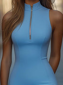 Vestido Mini Bodycon Azul com Fecho e Sem Mangas, em Tecido Elástico