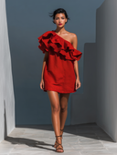 Vestido Mini Vermelho em Linho com Mistura, de um Ombro Só e com Folhos em Camadas