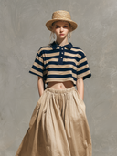Conjunto com Top de Gola de Camisa às Riscas Azul-Marinho e Caqui e Saia Caqui