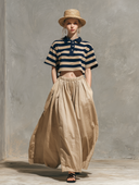 Conjunto com Top de Gola de Camisa às Riscas Azul-Marinho e Caqui e Saia Caqui