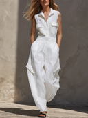 White Cotton-Linen Collared Sleeveless Jumpsuit
