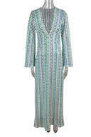 Boho Maxikleid mit V-Ausschnitt, Glockenärmeln, welligem Streifenmuster und Häkelarbeit für den Strandurlaub