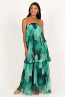 Vestido largo sin tirantes con volantes Calista Green Bloom