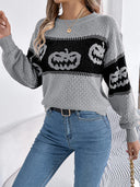 Camisola de Malha com Gola Redonda e Estampa de Cabeça de Abóbora de Halloween em Blocos de Cor