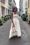 Boho Fringed White Maxi Dress with Pockets