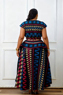Vestido largo peplum con estampado africano multicolor