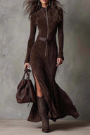 Robe midi irrégulière élégante en daim marron foncé avec cordon de serrage