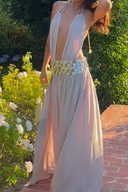 Rochie maxi strălucitoare sexy cu paiete, decolteu halter și decupaje